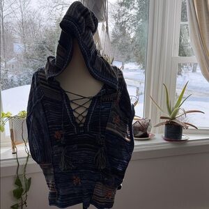 Pilcro Blue and Black Knit Sweater with embroidery from Anthropologie fits